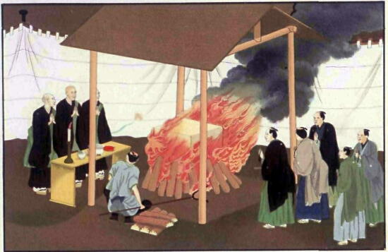 江戸時代の火葬、『日本の礼儀と習慣のスケッチ』より、1867年出版